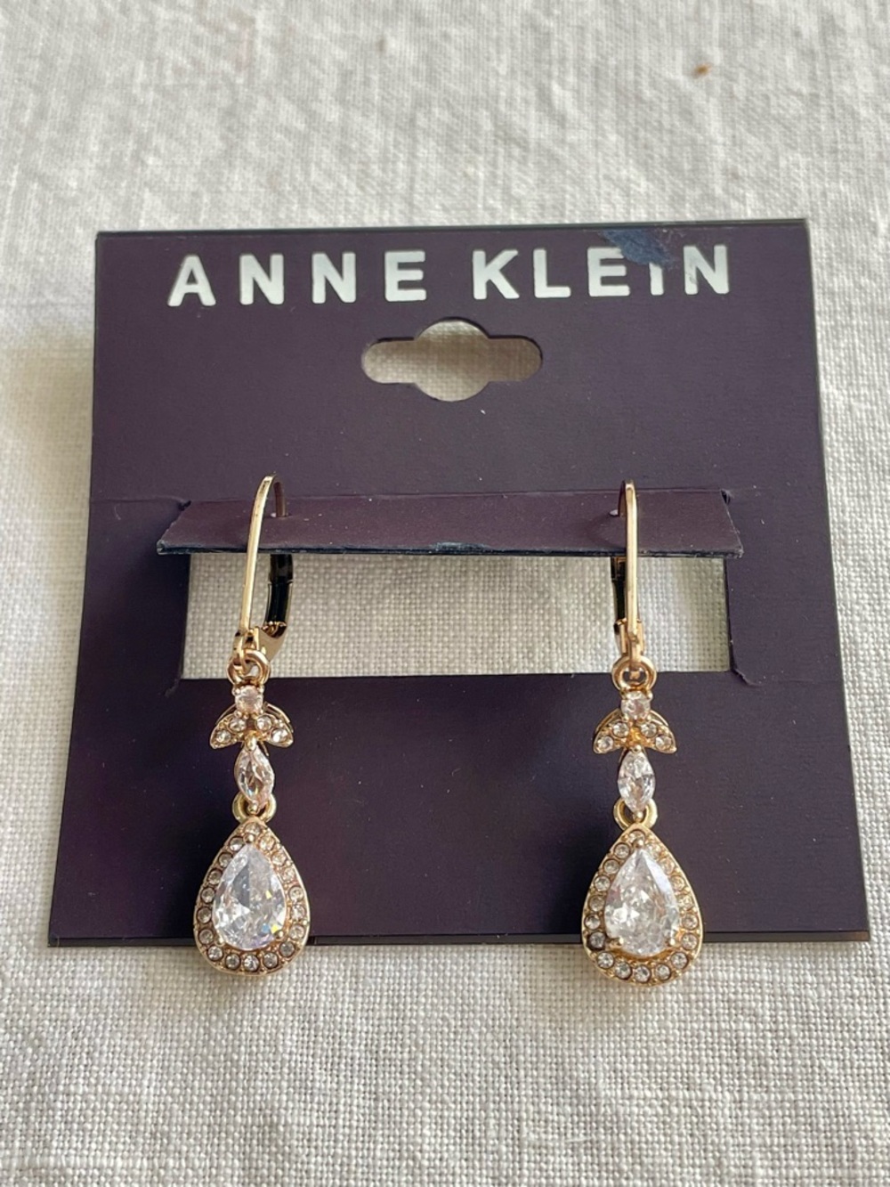 NWT Anne Klein Gold-Tone Teardrop Crystal Dangle Earrings